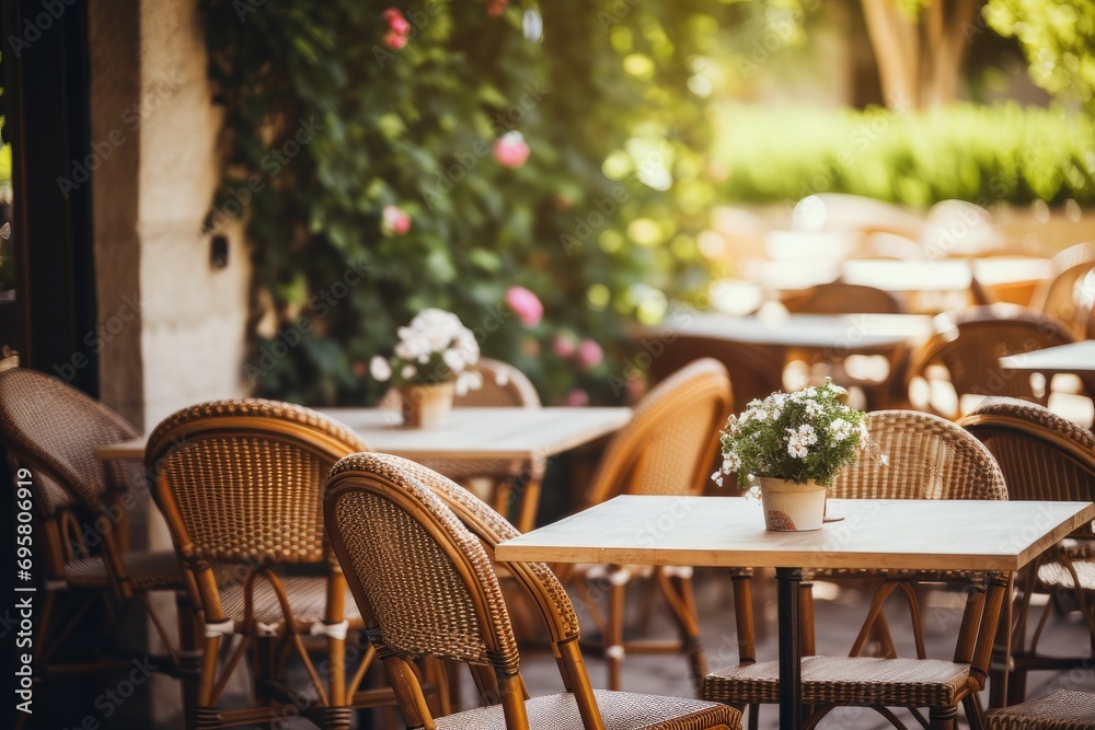 A tranquil restaurant patio with wicker furniture, flower decor, and a relaxed outdoor ambiance.