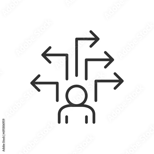 Choosing a path, linear icon. The decision making process. Choosing the best path. The strategic decision. Person and the arrows in different directions. Line with editable stroke