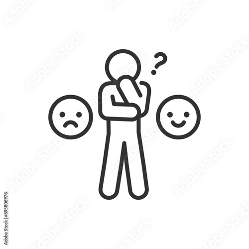 Choice of emotion, linear icon. Dilemma. The person thinks of a sad emotion and a happy emotion. Line with editable stroke