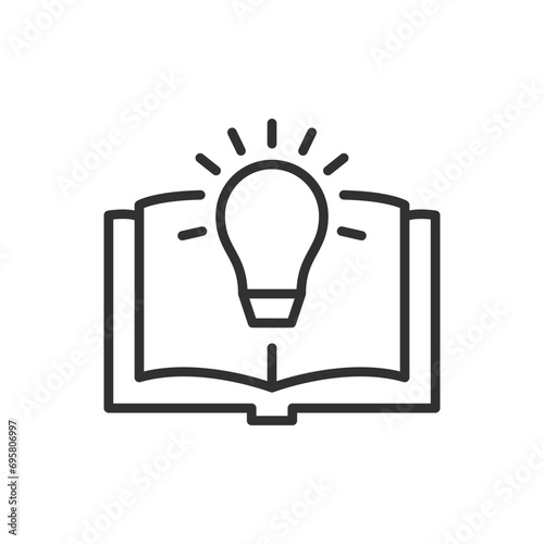 Study and enlightenment, linear icon. Knowledge. A book and a lamp with rays. Line with editable stroke