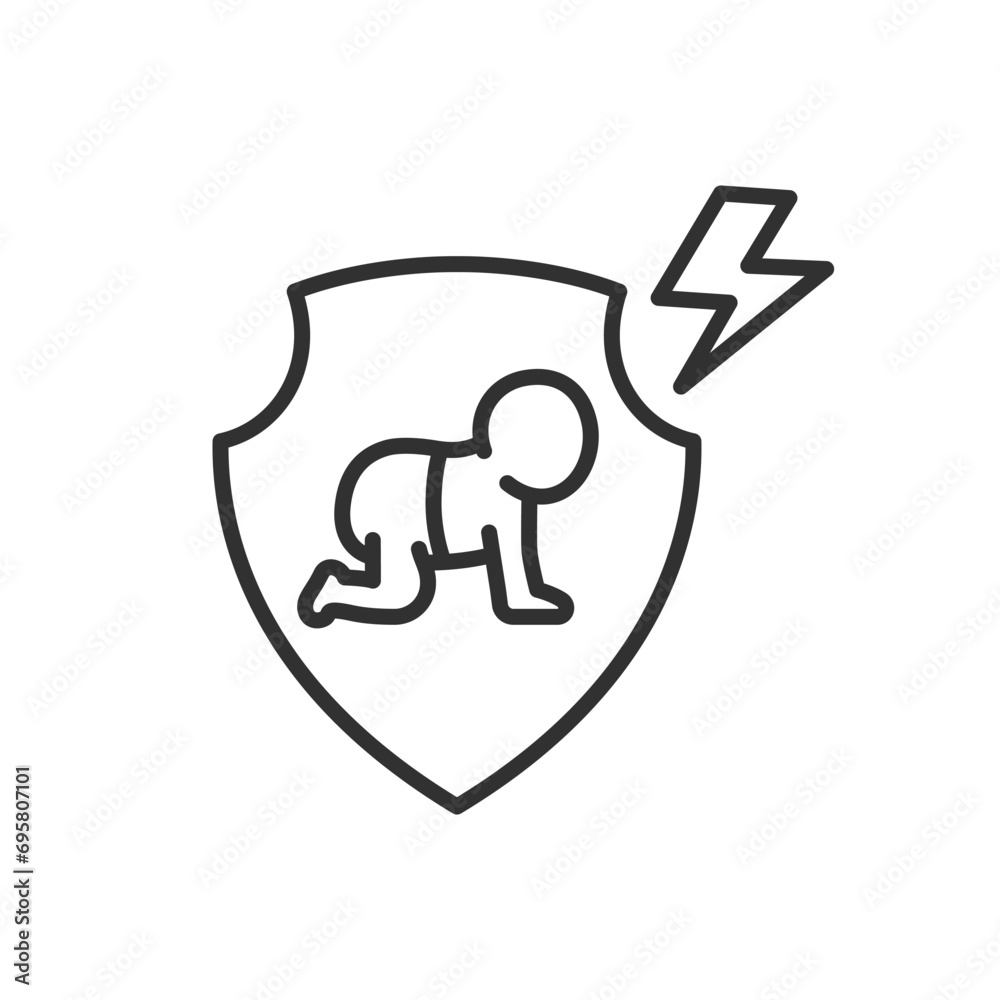 Child protection from electricity, linear icon. Safety socket. Shield and child. Line with editable stroke Child protection from electricity, linear icon. Safety socket. Shield and child. Line with editable stroke