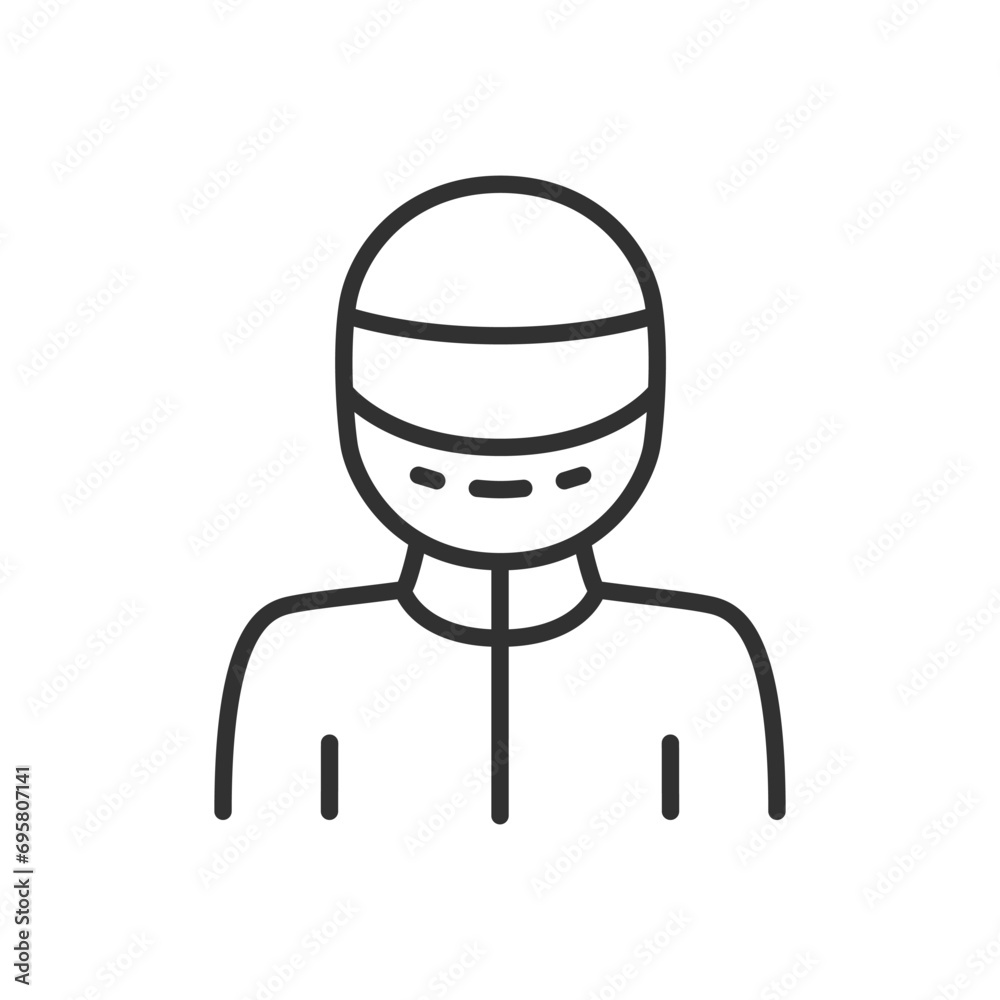 Person in a racing equipment, linear icon, car or motorbike racing. Suit, helmet. Line with editable stroke Person in a racing equipment, linear icon, car or motorbike racing. Suit, helmet. Line with editable stroke