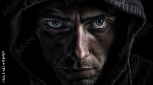A close-up image of a man wearing a hoodie, staring intensely forward with dark and enigmatic eyes.