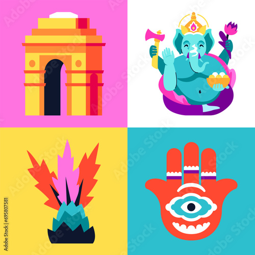 National features of India - set of flat design style illustrations