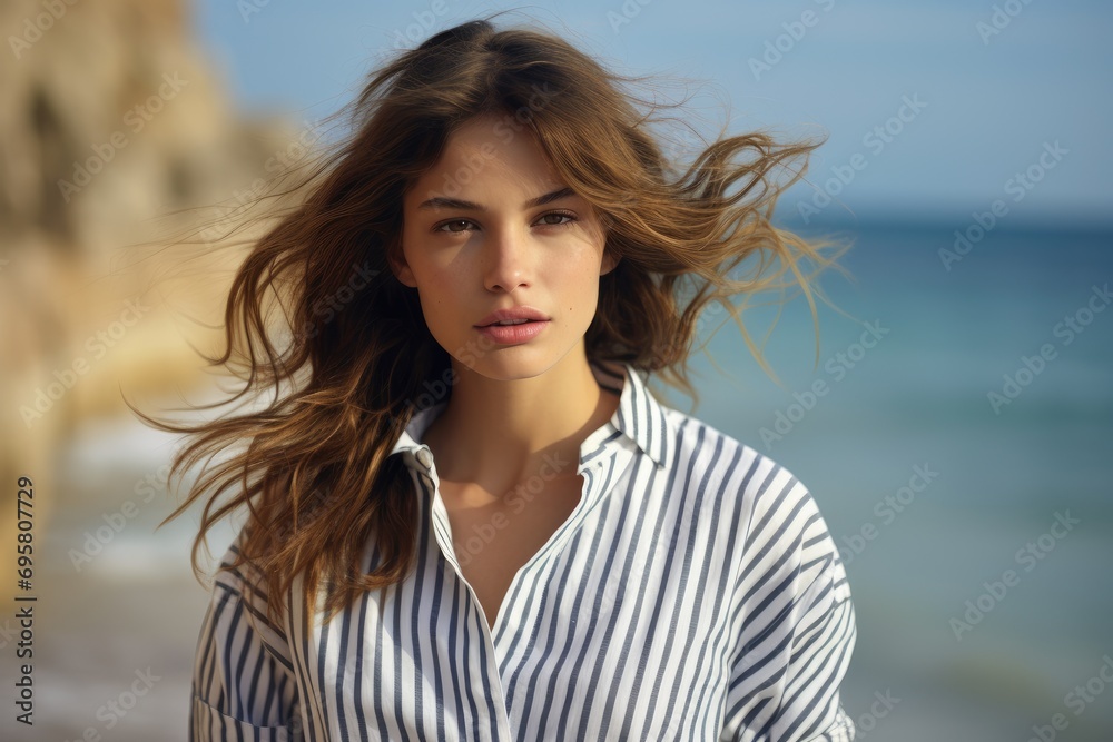 Young model in a striped shirt, nautical theme, seaside, breezy atmosphere Young model in a striped shirt, nautical theme, seaside, breezy atmosphere