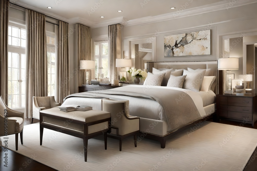 Fototapeta premium A transitional bedroom with a mix of traditional and contemporary elements, creating a harmonious and balanced design.