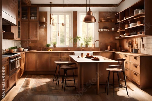 A warm-toned kitchen with wooden cabinets, copper accents, and a cozy breakfast corner bathed in sunlight.