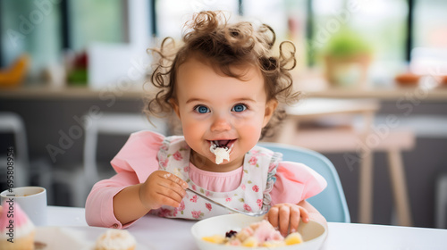Toddler Enjoying Meal Cute Baby Girl Eating Cake