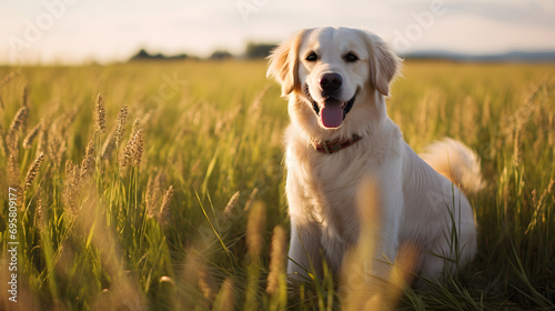 Golden Retriever Enjoying Sunset in Grass Field