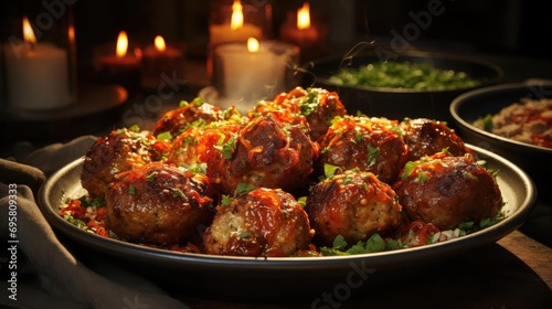 meatballs with melted tomato sauce on a bowl with a black and blur background