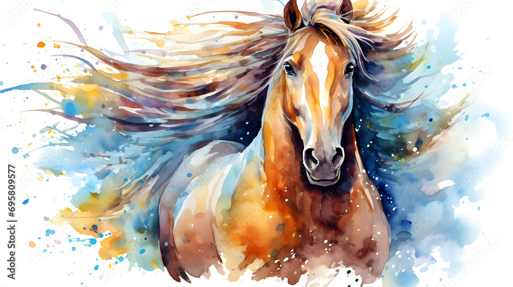Expressive Watercolor Horse with Vivid Mane Artwork