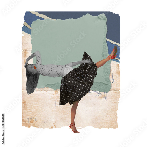Young woman dancing over abstract pastel background. Contemporary art collage. Concept of retro style, dancing activity, invitation, entertainment, party. Poster. Paper effect