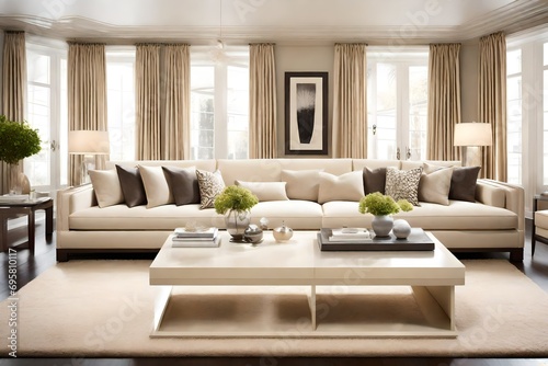 A sleek cream-colored coffee table serving as the focal point in a stylishly appointed living room, exuding an aura of understated elegance and refinement.