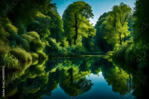 A tranquil riverside scene with lush greenery, reflections dancing on the water's surface under a clear, blue sky. © WOW
