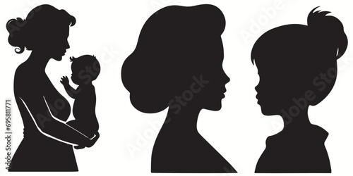 Mom silhouettes and icons. Black flat color simple elegant white background Mom vector and illustration.