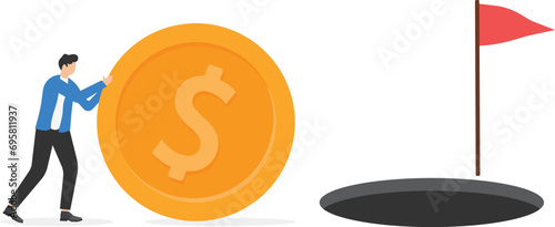 Entrepreneur investors push dollar. Action towards business goals. Success is not far away. Flat vector illustration.

