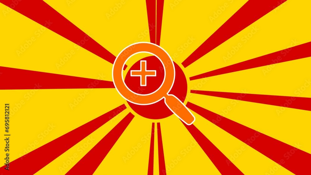 Zoom in symbol on the background of animation from moving rays of the sun. Large orange symbol increases slightly. Seamless looped 4k animation on yellow background