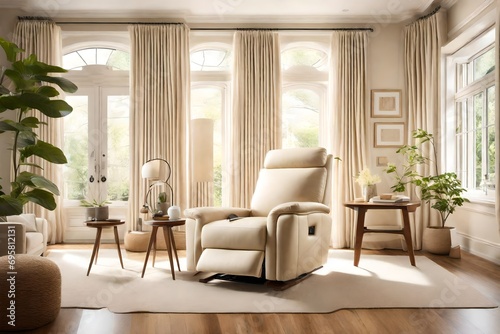 A serene living room featuring a pristine cream-colored recliner bathed in natural sunlight, creating a tranquil oasis within the home's interior.