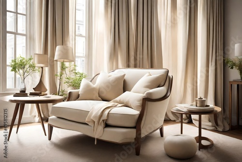 A serene corner of a living room, featuring a cozy cream-colored armchair set beside a large window adorned with billowy curtains, inviting relaxation and contemplation.