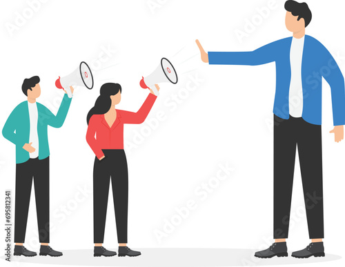 Freedom of speech, listening to employee opinion, work hierarchy boundary, censorship or inequality concept, company employee people shouting on megaphone to executive management big denied hand.

