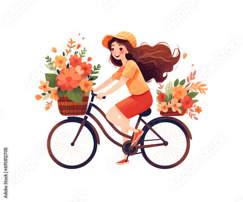 Girl rides a bicycle with flowers. Vector illustration design.