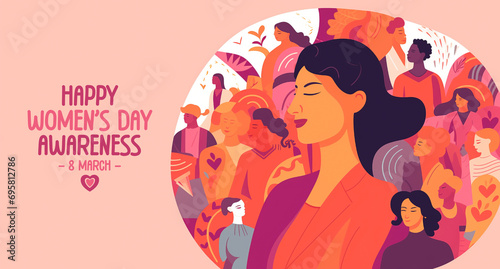 Women's Day March 8. Concept of female empowerment and commemorative art. Celebrating together and promoting gender equality, awareness and women's rights campaign.