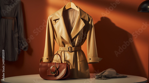 a stylish cream-colored leather raincoat hanging on a hanger above a table with a stylish ladies' handbag on the background of a hot orange wall photo