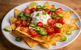 Plate with Mexican nachos with jalapeños and cream cheese. Created with generative Ai technology.