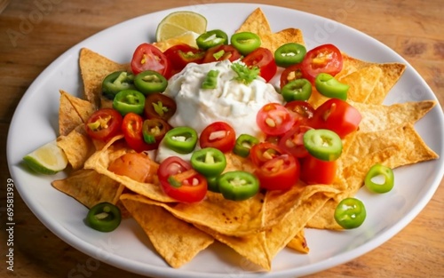 Plate with Mexican nachos with jalapeños and cream cheese. Created with generative Ai technology.