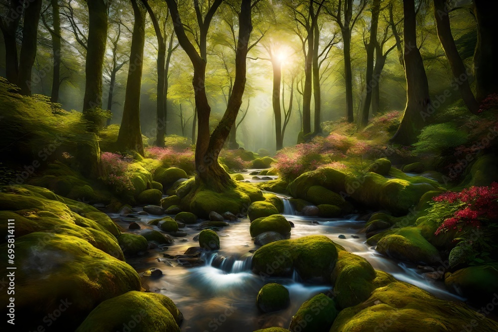 A tranquil, sun-dappled glade with a gentle stream meandering through a vibrant, blossoming forest. - obrazy, fototapety, plakaty 