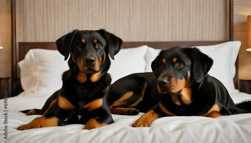 Brown and black dogs on bed