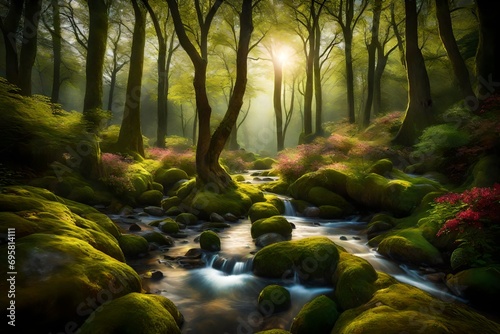 A tranquil, sun-dappled glade with a gentle stream meandering through a vibrant, blossoming forest.
