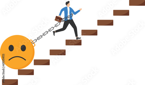 Stressed burden, anxiety or negative thinking, anger or emotional causing problems, mental health or depression, overworked or overwhelmed concept, depressed businessman chain with sad face burden..

