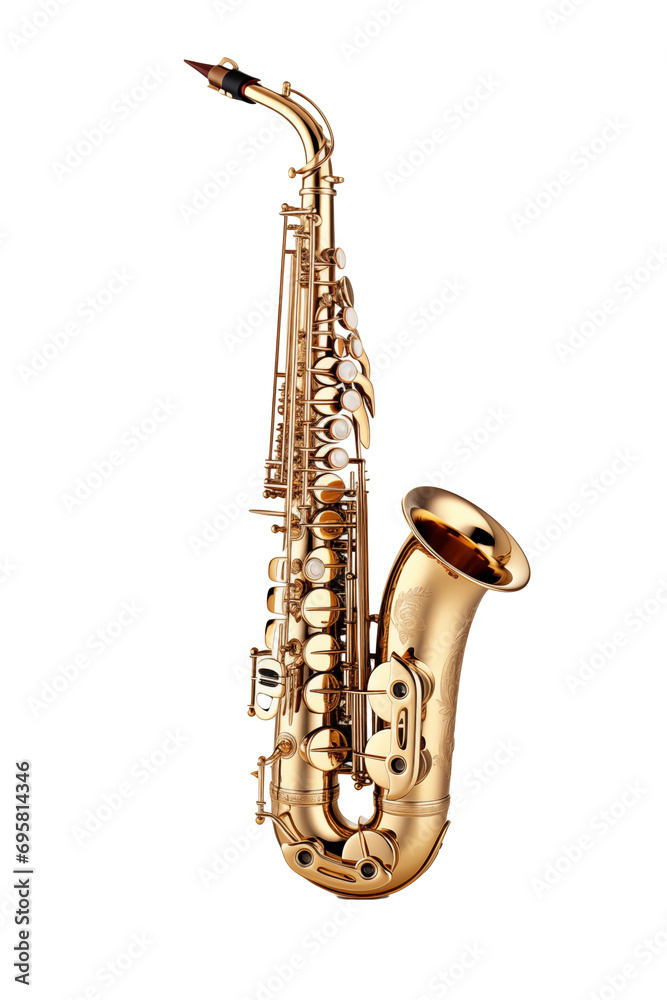 Fototapeta premium Golden Tenor Saxophone Isolated on Transparent Background - Brass Ensemble, Musical Brilliance, Soulful Melodies, Symphonic Jazz, Refined Acoustics