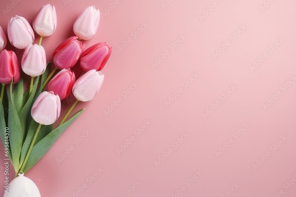 Spring background card Pink tulips in pastel pink background close-up. Fresh flowers for horizontal flower poster, wallpaper or postcard.