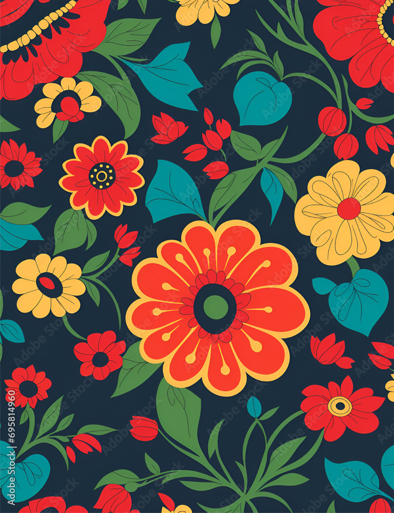 Seamless pattern of colorful flowers on a dark blue background