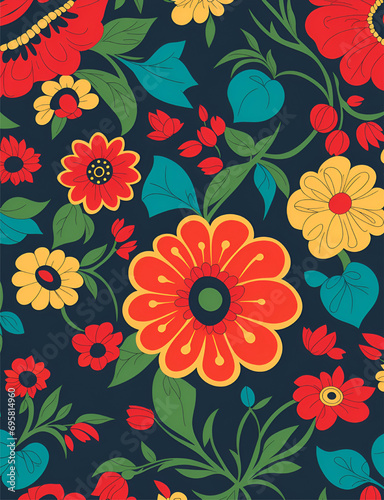 Seamless pattern of colorful flowers on a dark blue background