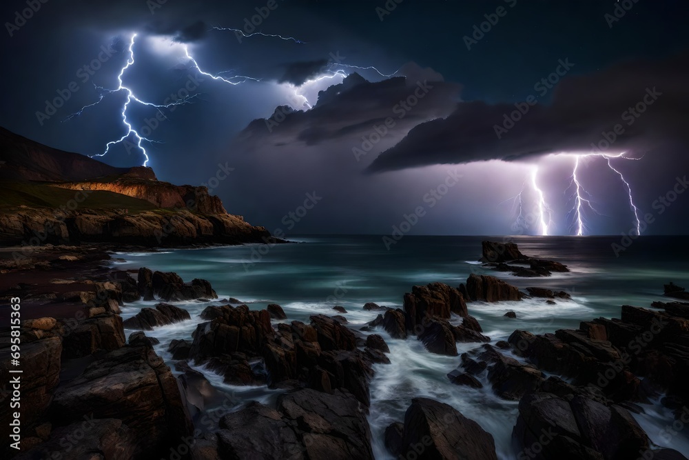 A dramatic lightning storm illuminating the night sky over a rugged, rocky coastline by the sea.