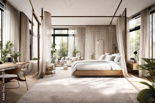 Bedroom oasis with a canopy bed, sheer curtains, and a wall of windows bringing in natural light
