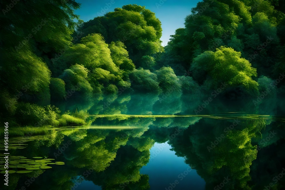 A tranquil riverside scene with lush greenery, reflections dancing on the water's surface under a clear, blue sky. A tranquil riverside scene with lush greenery, reflections dancing on the water's surface under a clear, blue sky.