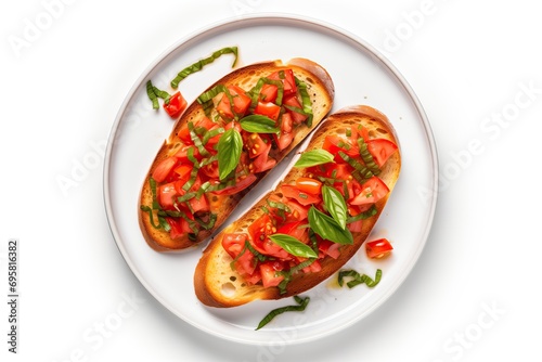 Top View Bruschetta On Round Plate On Wihte Backgound