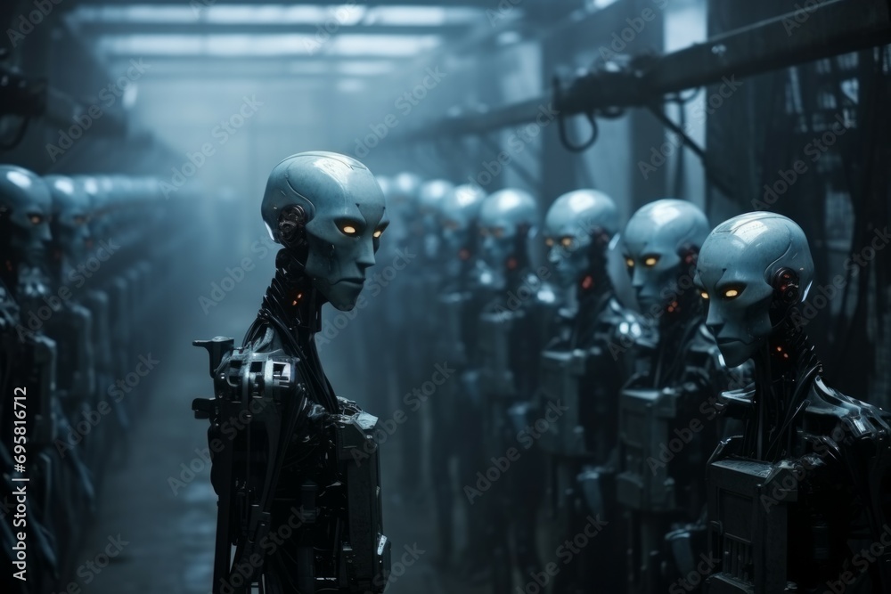 Robot production plant. Robots of the future stand in a row in a warehouse. dark photo