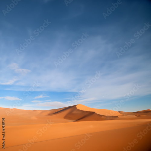 Blue sky and golden sand dune in desert.