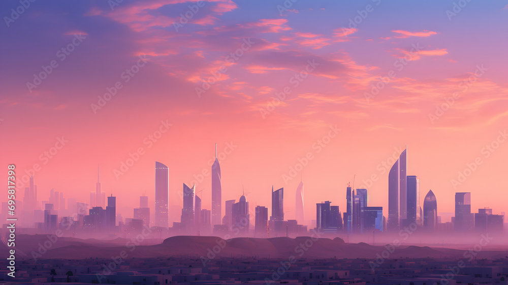 Panoramic view of Dubai city skyline at sunset, United Arab Emirates