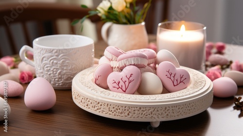 valentines day chocolate eggs on a table with bokeh light