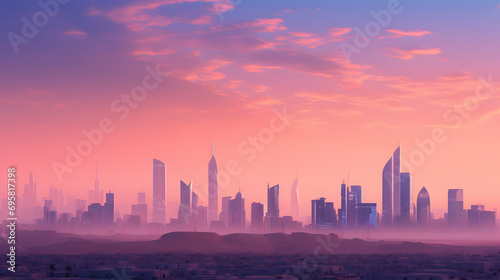 Panoramic view of Dubai city skyline at sunset  United Arab Emirates