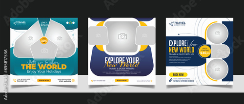 Travel tour promotion banner traveling business social media post or tourism marketing square flyer template