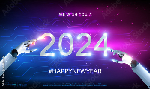 2024 new year AI finger touching and pointing on a virtual screen 2024. 2024 New year Science and artificial intelligence technology, innovation and futuristic, AI, Machine. Technology Vector EPS10.