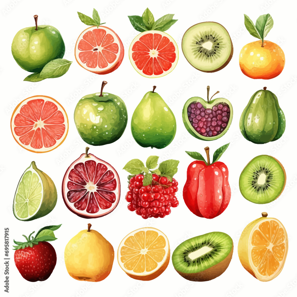 fruit, apple, orange, food, isolated, lemon, collection, set, strawberry, citrus, banana, pear, kiwi, fresh, white, cherry, fruits, peach, plum, green, healthy, pineapple, lime, grapefruit, red