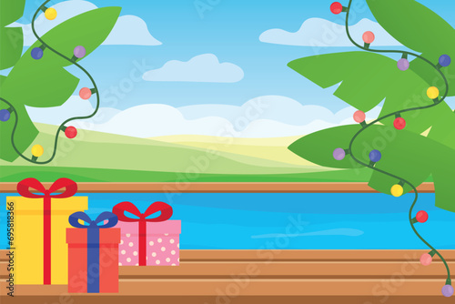 spending christmas on tropcial vacation, swimming pool decorated with colorful lights and gift boxes- vector illustration